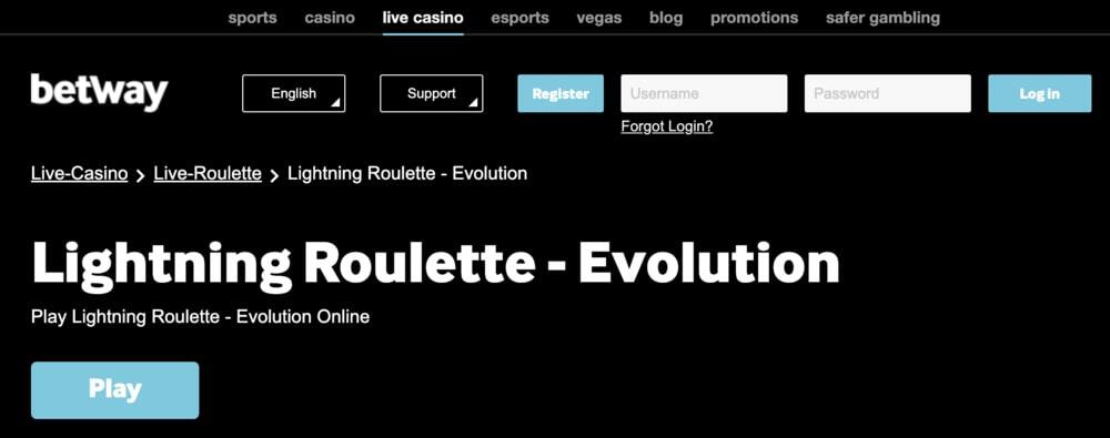 lightning roulette page on betway website